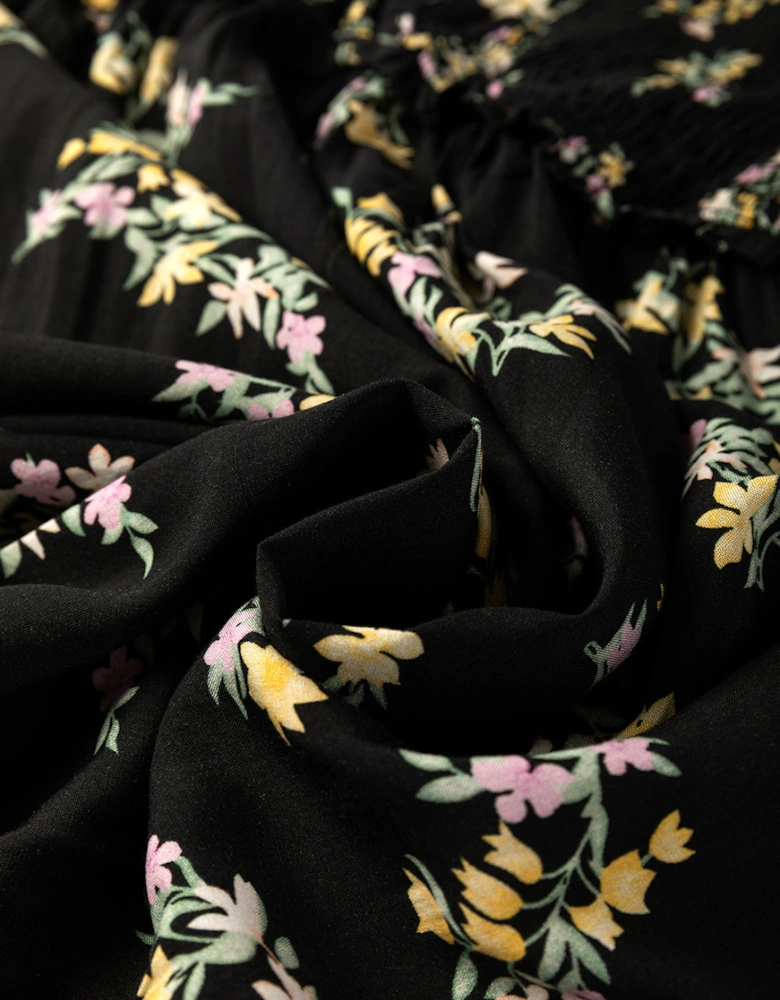 Black Floral Spaghetti Strap Shirred Bodice Tied Empire Waist Maxi Dress