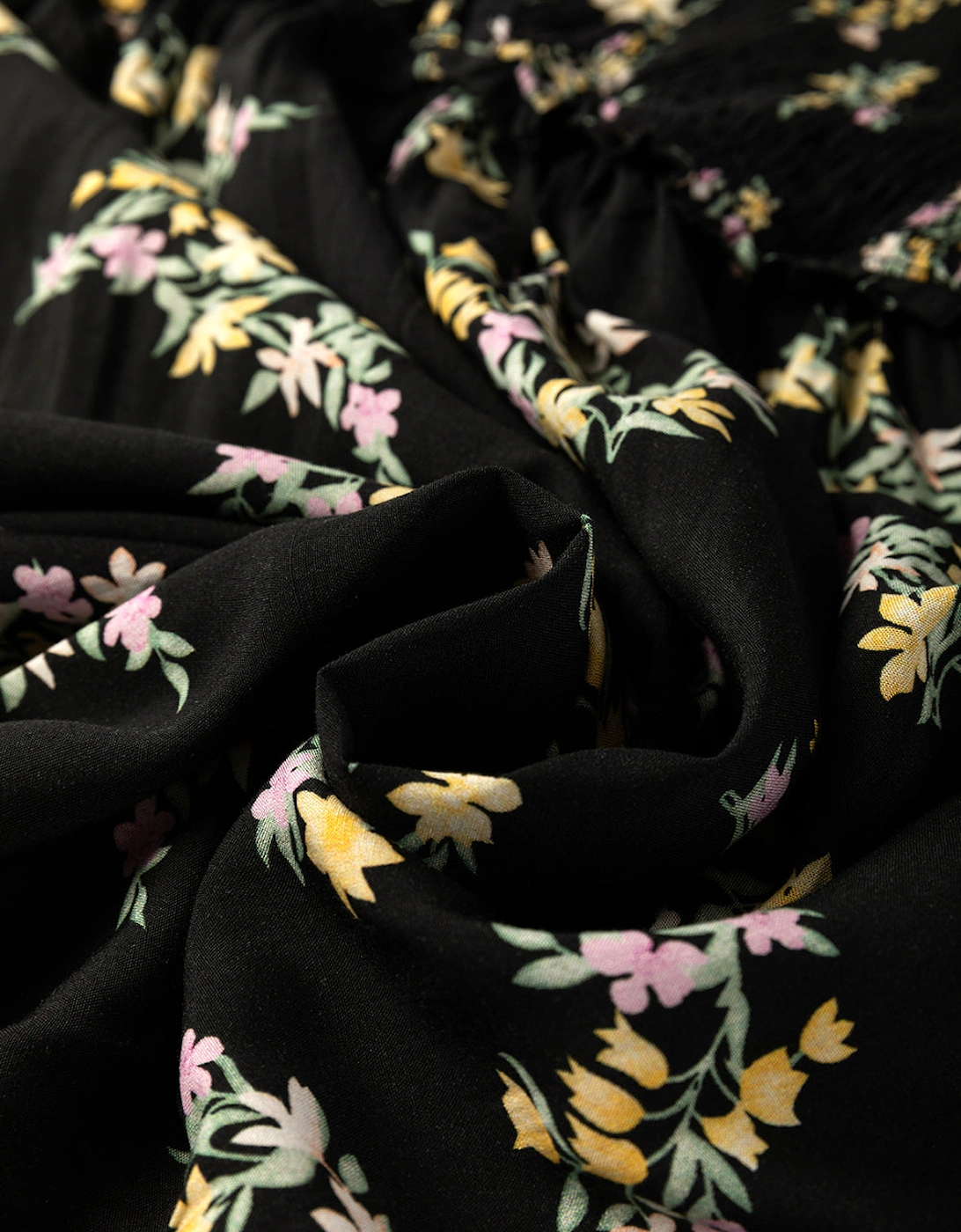 Black Floral Spaghetti Strap Shirred Bodice Tied Empire Waist Maxi Dress