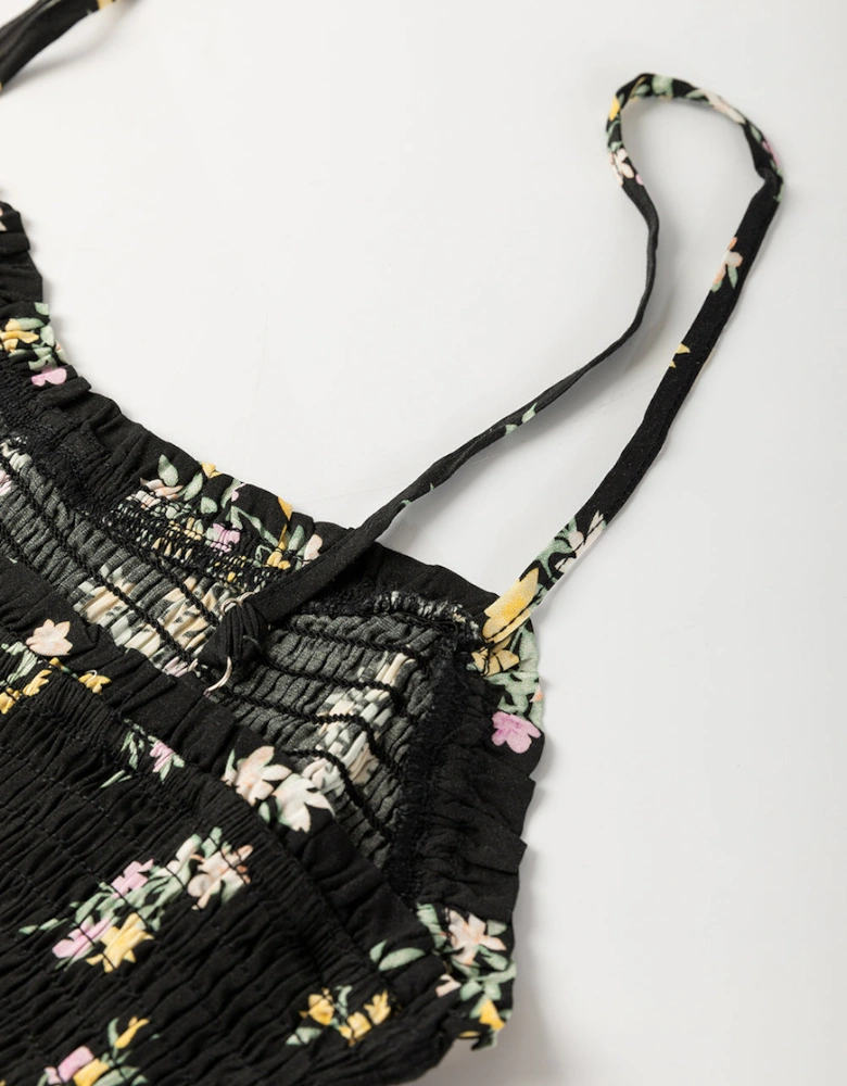 Black Floral Spaghetti Strap Shirred Bodice Tied Empire Waist Maxi Dress