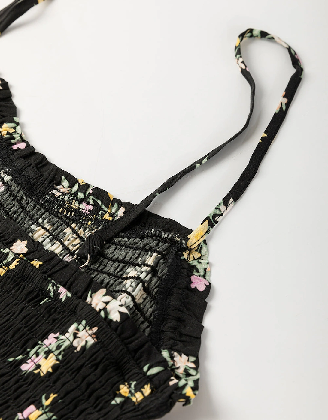 Black Floral Spaghetti Strap Shirred Bodice Tied Empire Waist Maxi Dress