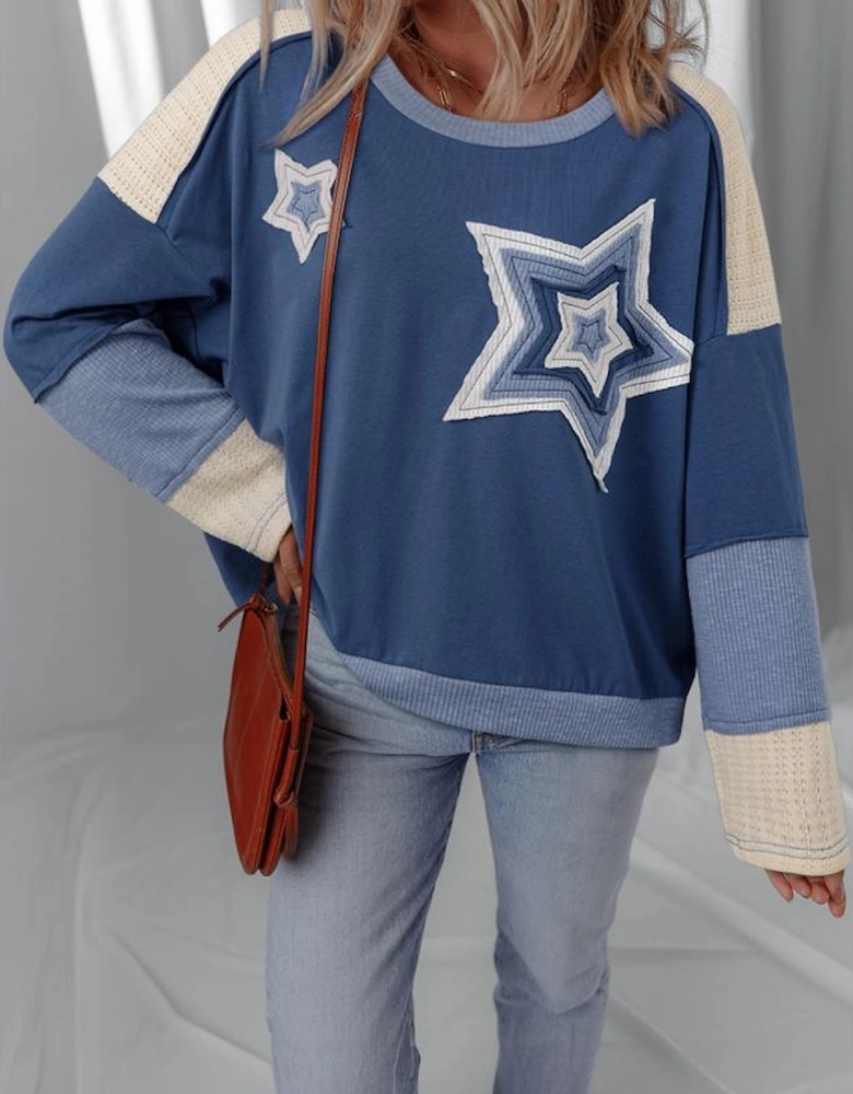 Dark Blue Contrast Knitted Colorblock Star Patchwork Oversize Long Sleeve Top