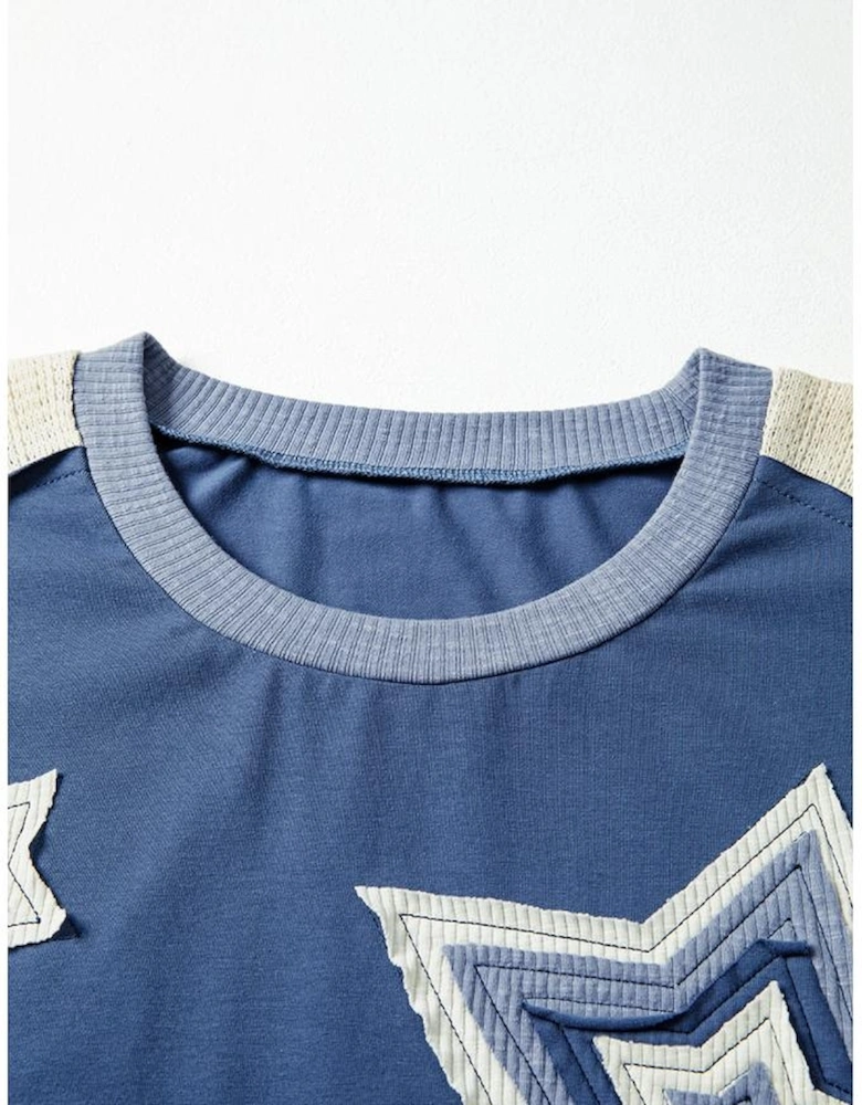 Dark Blue Contrast Knitted Colorblock Star Patchwork Oversize Long Sleeve Top