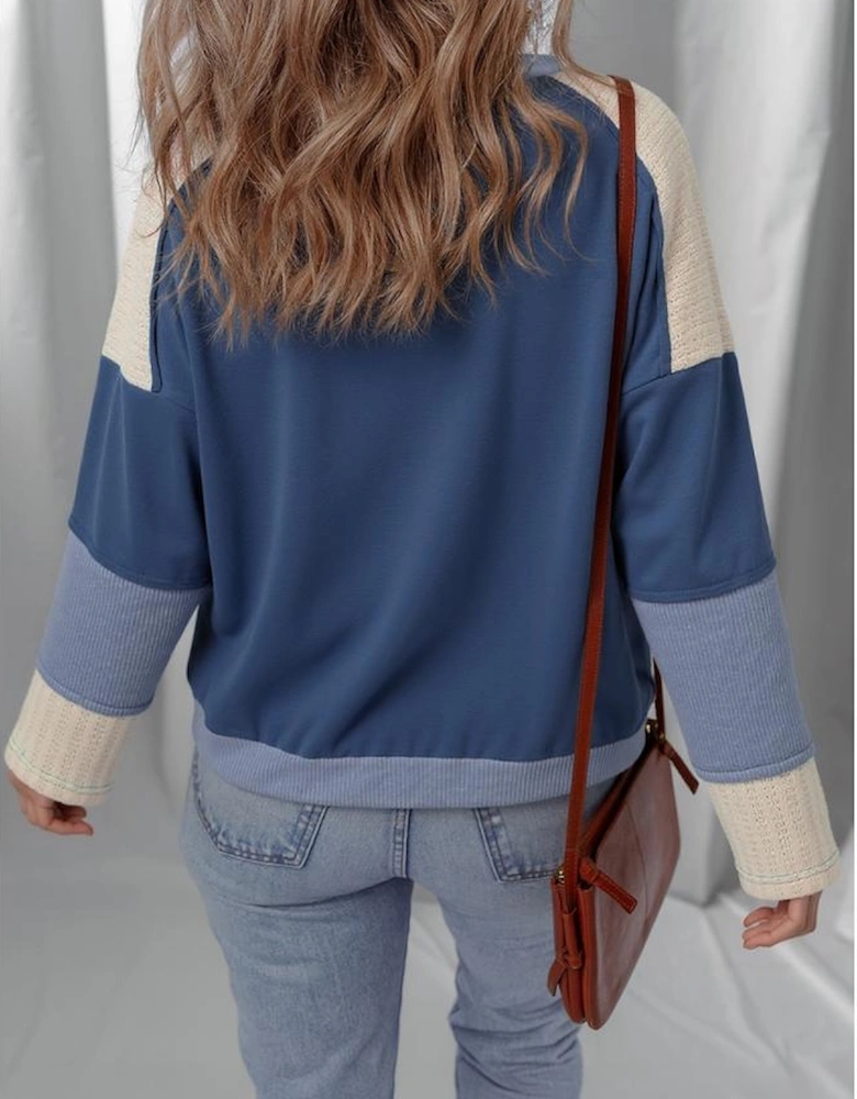 Dark Blue Contrast Knitted Colorblock Star Patchwork Oversize Long Sleeve Top