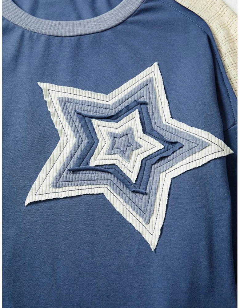 Dark Blue Contrast Knitted Colorblock Star Patchwork Oversize Long Sleeve Top