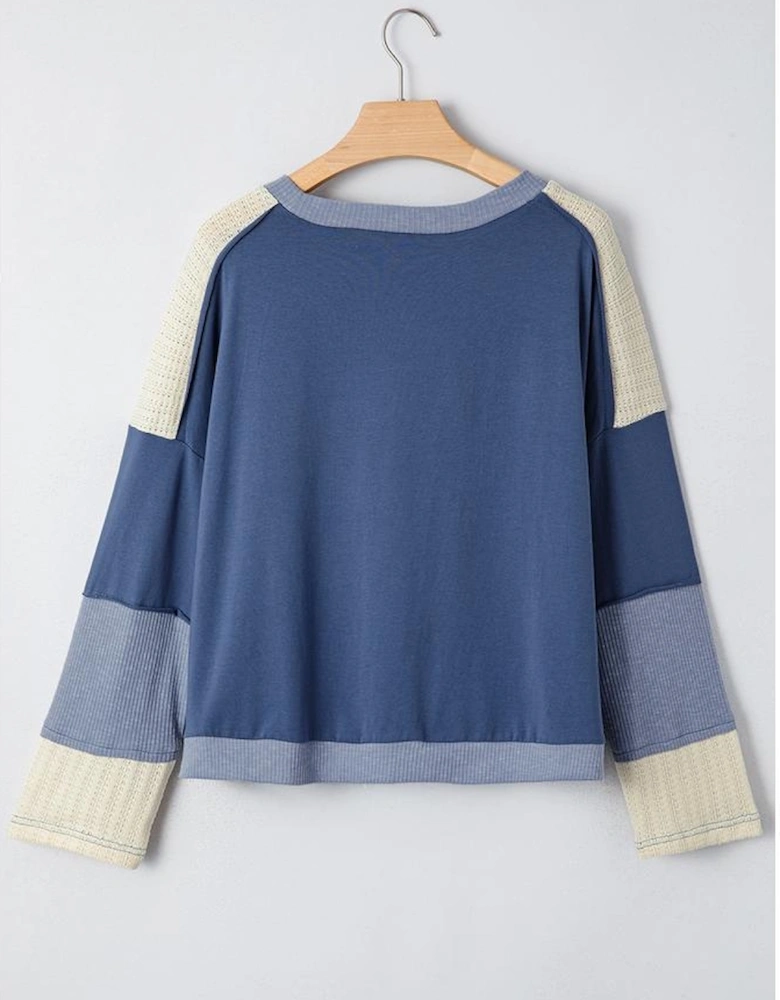 Dark Blue Contrast Knitted Colorblock Star Patchwork Oversize Long Sleeve Top