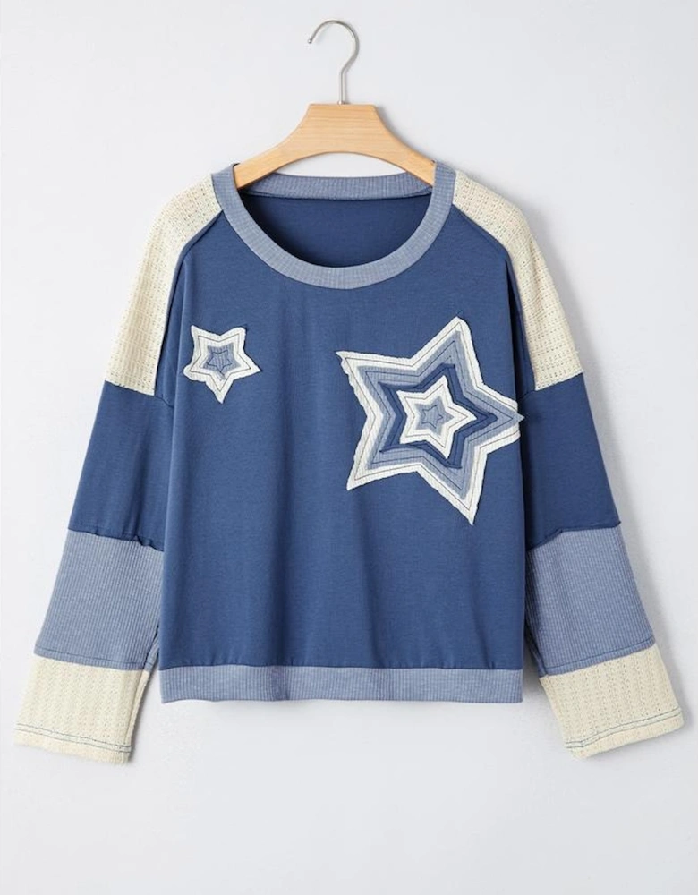 Dark Blue Contrast Knitted Colorblock Star Patchwork Oversize Long Sleeve Top