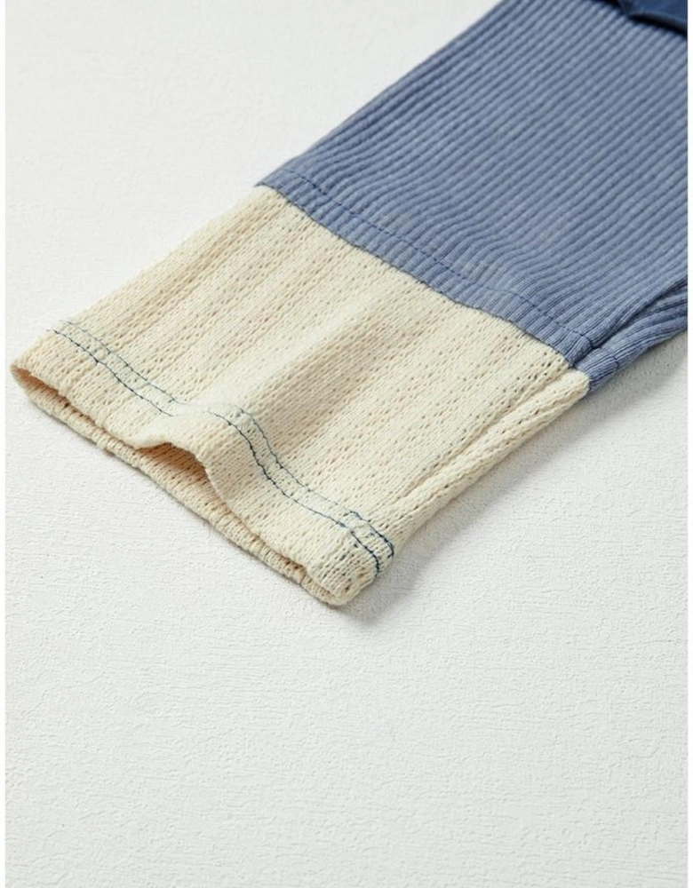 Dark Blue Contrast Knitted Colorblock Star Patchwork Oversize Long Sleeve Top