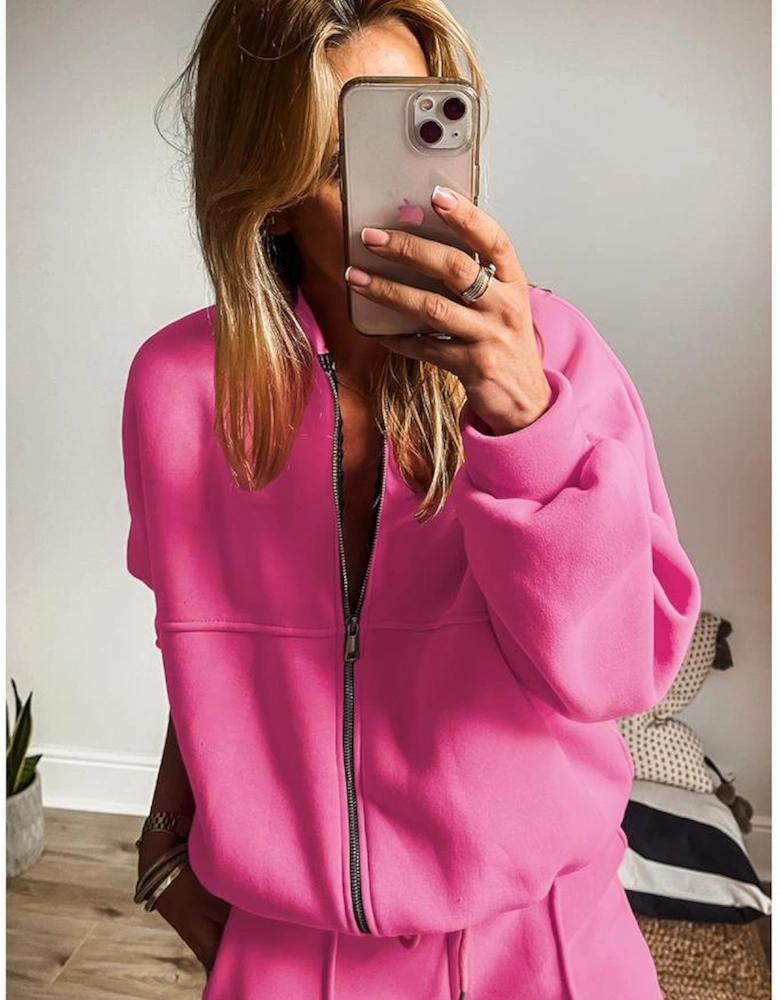 Bright Pink Solid Seamed Zipper Jacket and Drawstring Waist Pants Set