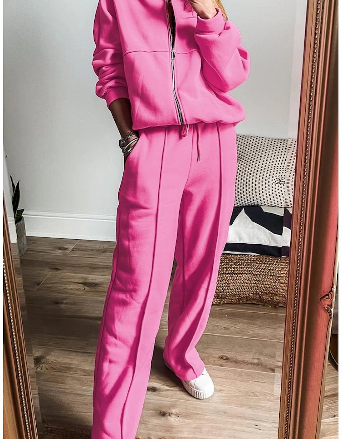 Bright Pink Solid Seamed Zipper Jacket and Drawstring Waist Pants Set