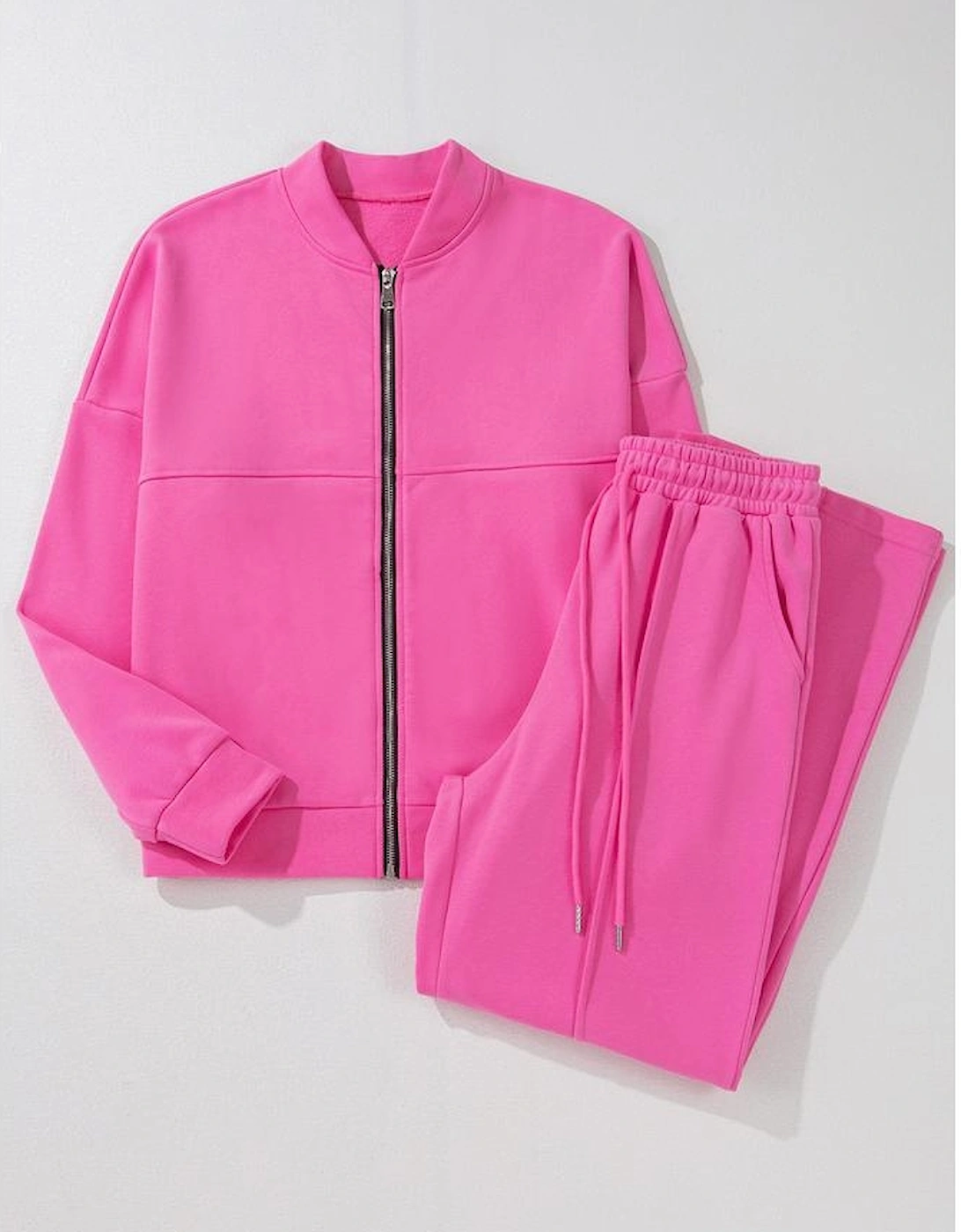Bright Pink Solid Seamed Zipper Jacket and Drawstring Waist Pants Set, 16 of 15