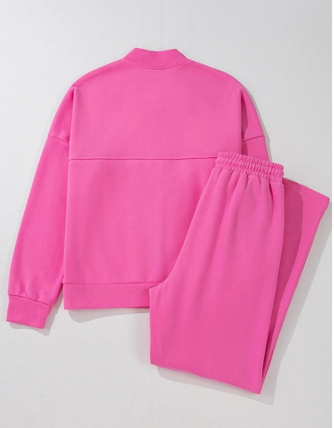 Bright Pink Solid Seamed Zipper Jacket and Drawstring Waist Pants Set