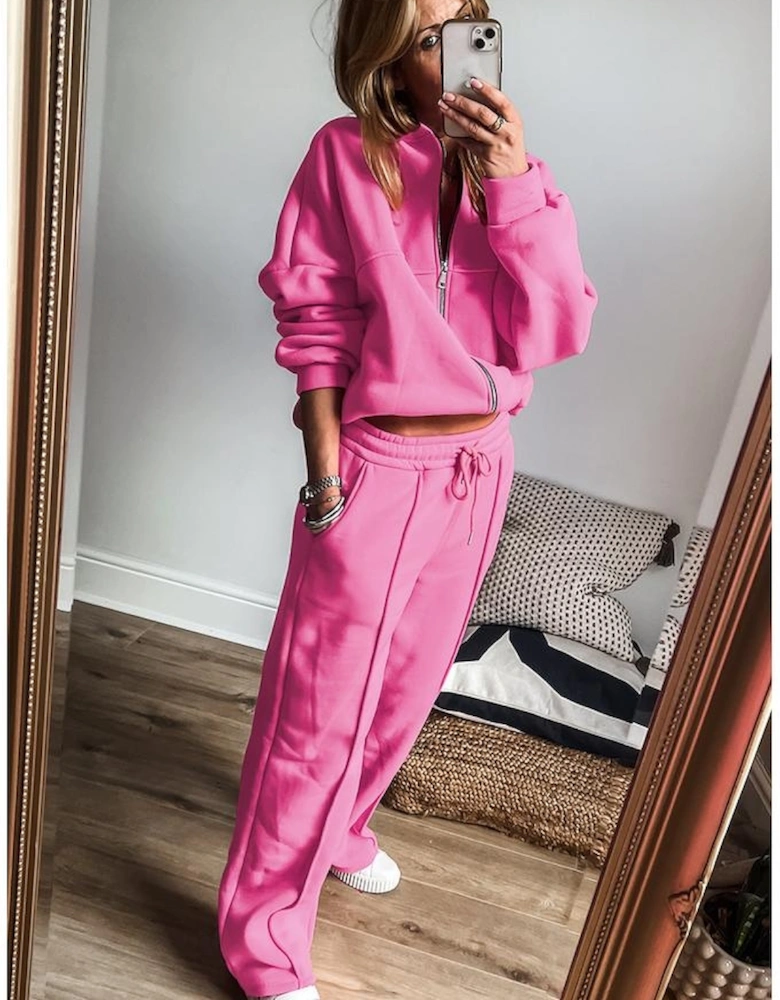 Bright Pink Solid Seamed Zipper Jacket and Drawstring Waist Pants Set