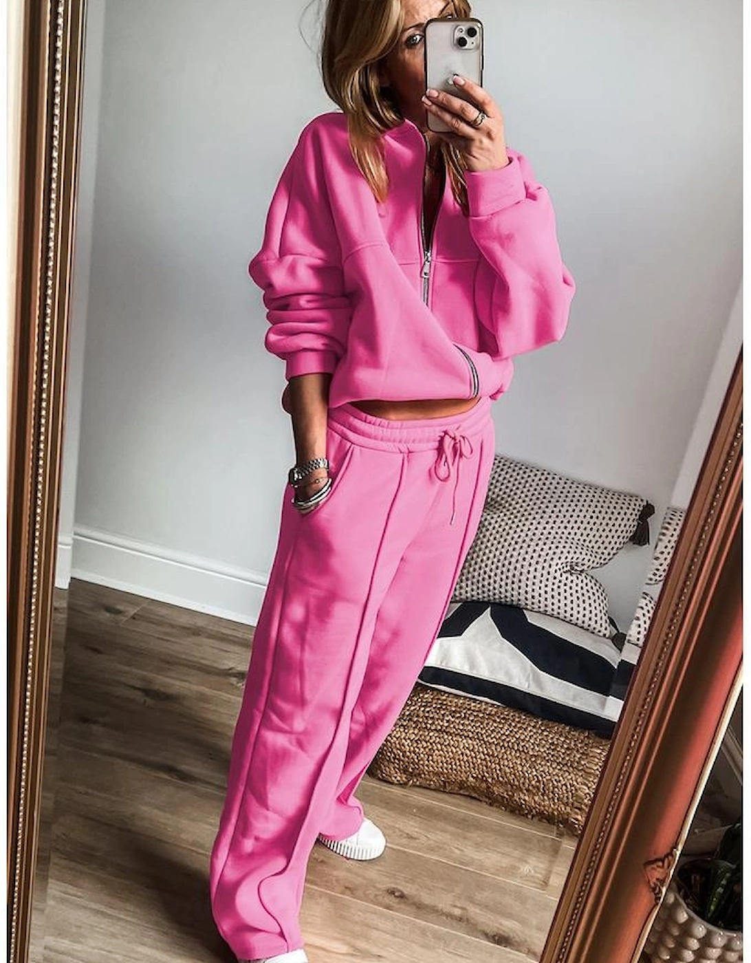 Bright Pink Solid Seamed Zipper Jacket and Drawstring Waist Pants Set