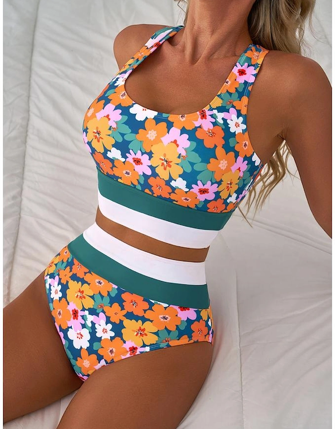 Green Floral Print Racerback Cutout High Waist 2pcs Bikini