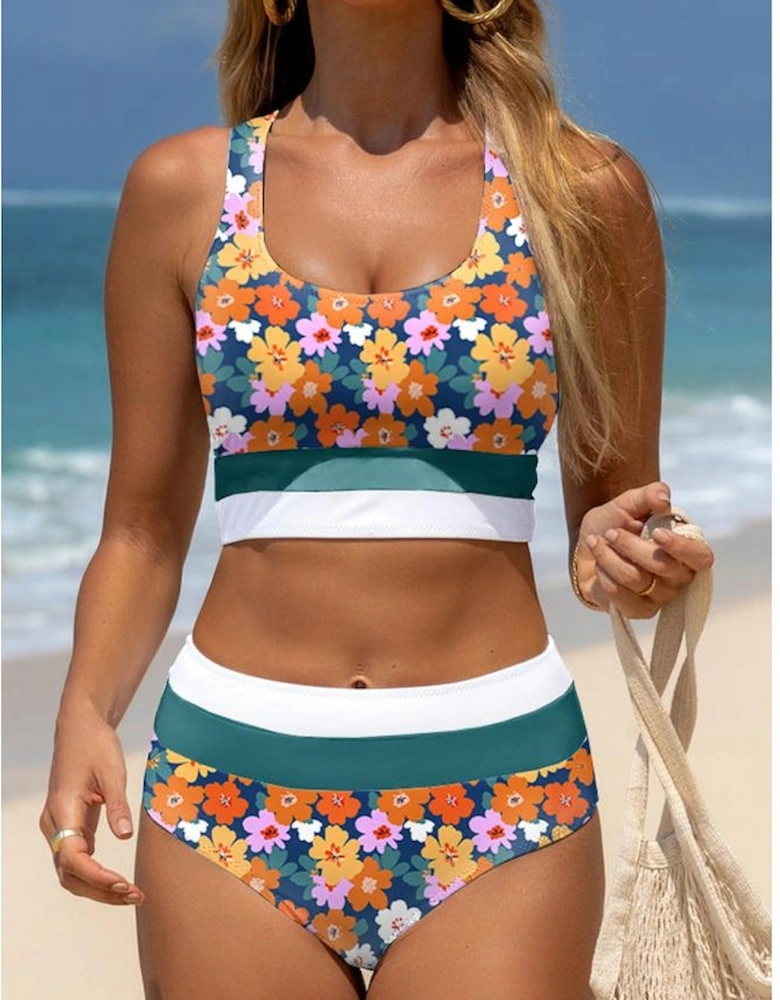 Green Floral Print Racerback Cutout High Waist 2pcs Bikini