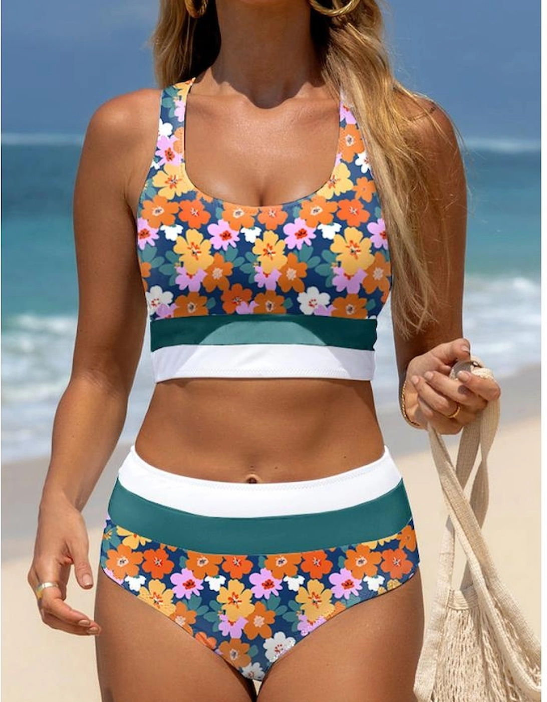 Green Floral Print Racerback Cutout High Waist 2pcs Bikini