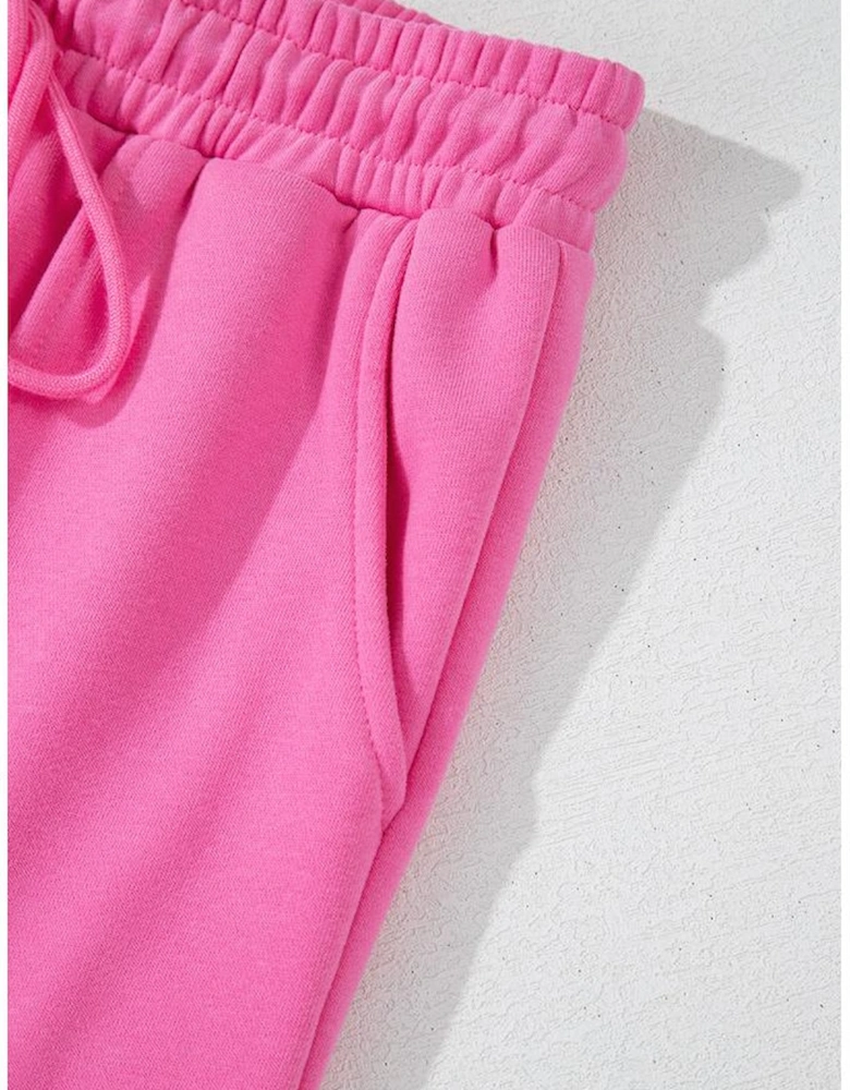 Bright Pink Solid Seamed Zipper Jacket and Drawstring Waist Pants Set