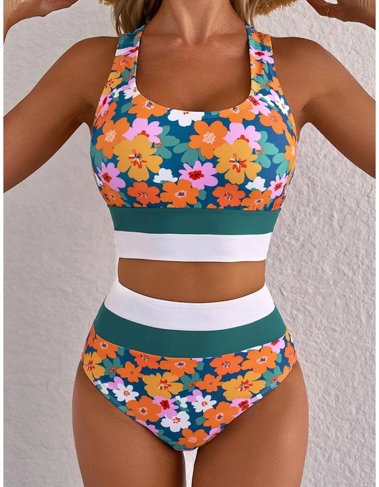 Green Floral Print Racerback Cutout High Waist 2pcs Bikini