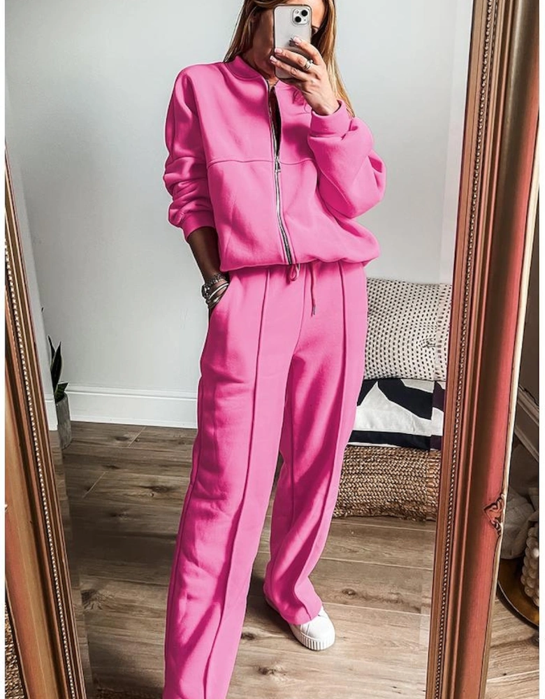 Bright Pink Solid Seamed Zipper Jacket and Drawstring Waist Pants Set