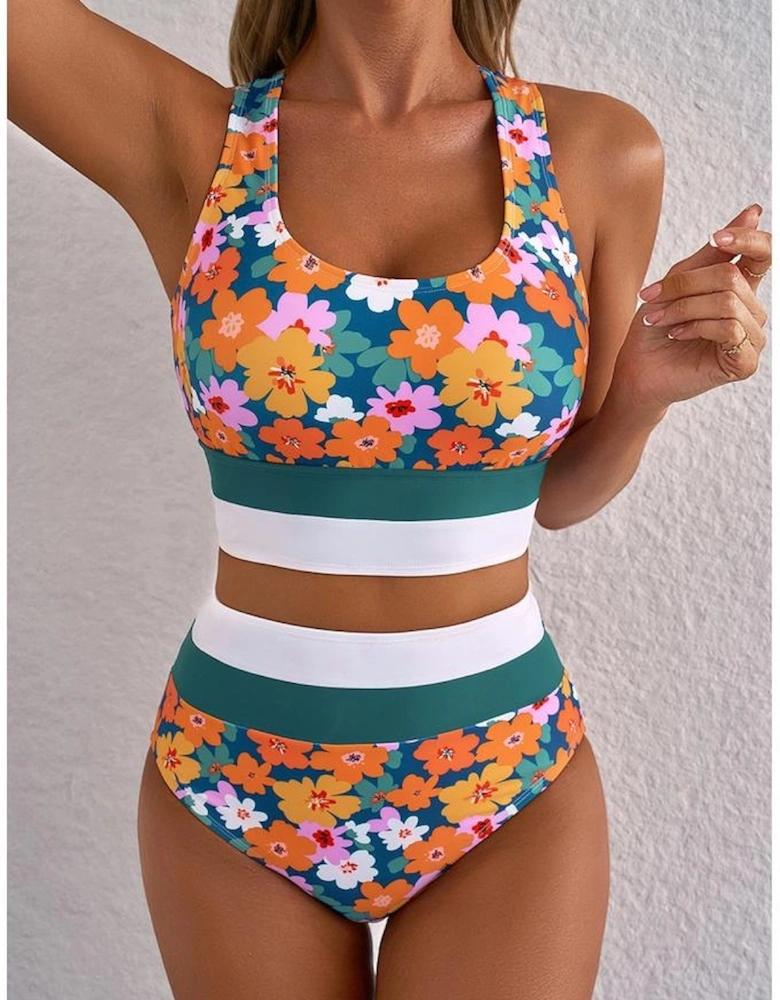 Green Floral Print Racerback Cutout High Waist 2pcs Bikini