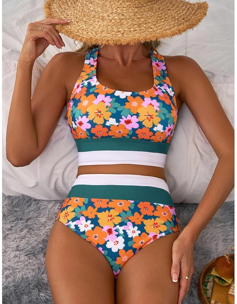 Green Floral Print Racerback Cutout High Waist 2pcs Bikini