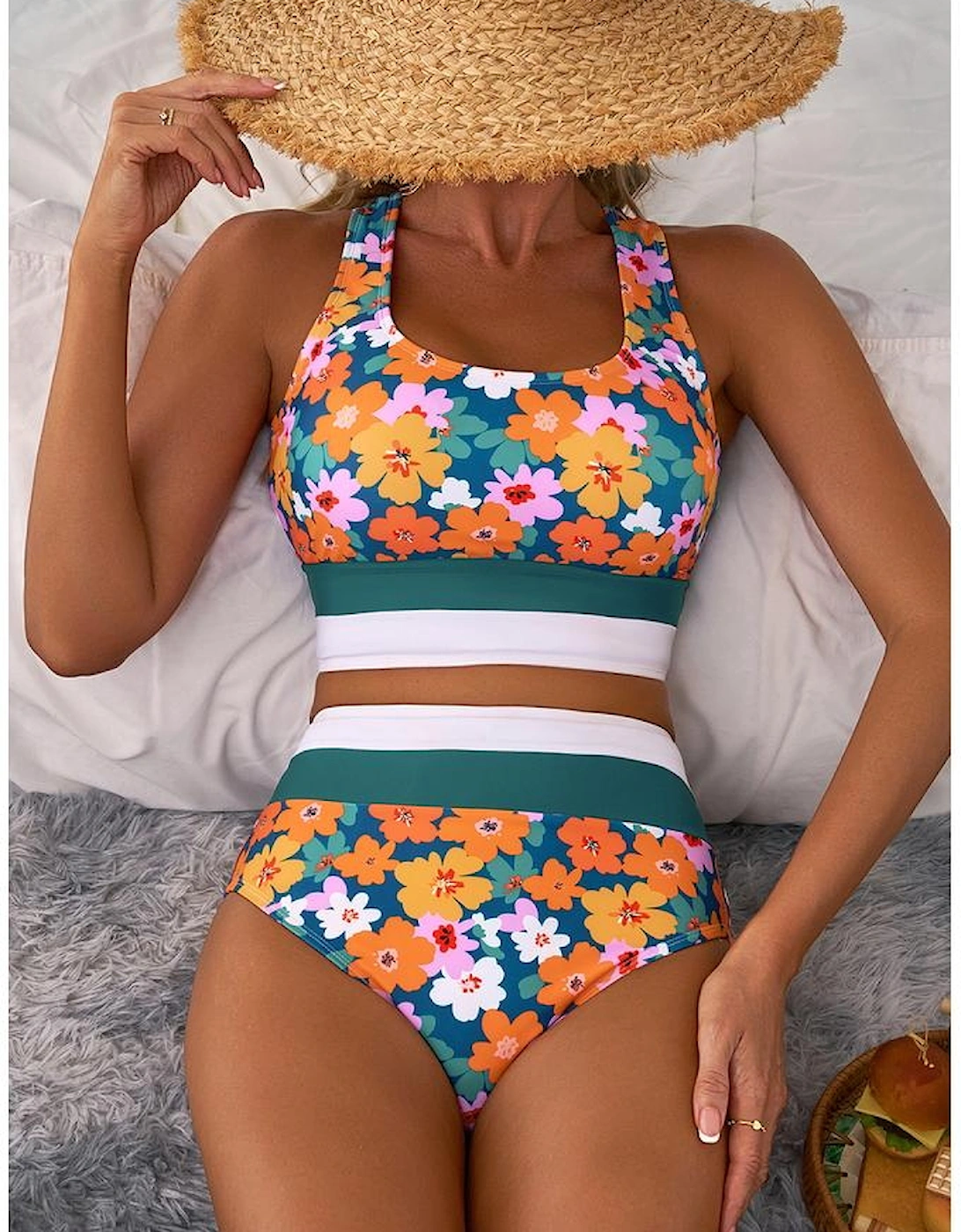 Green Floral Print Racerback Cutout High Waist 2pcs Bikini