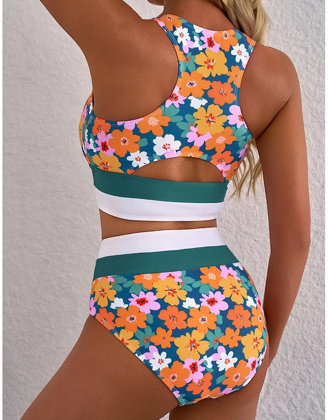 Green Floral Print Racerback Cutout High Waist 2pcs Bikini
