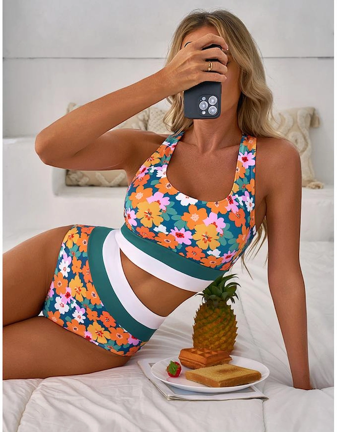 Green Floral Print Racerback Cutout High Waist 2pcs Bikini