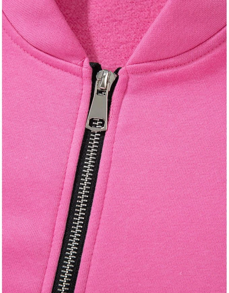 Bright Pink Solid Seamed Zipper Jacket and Drawstring Waist Pants Set