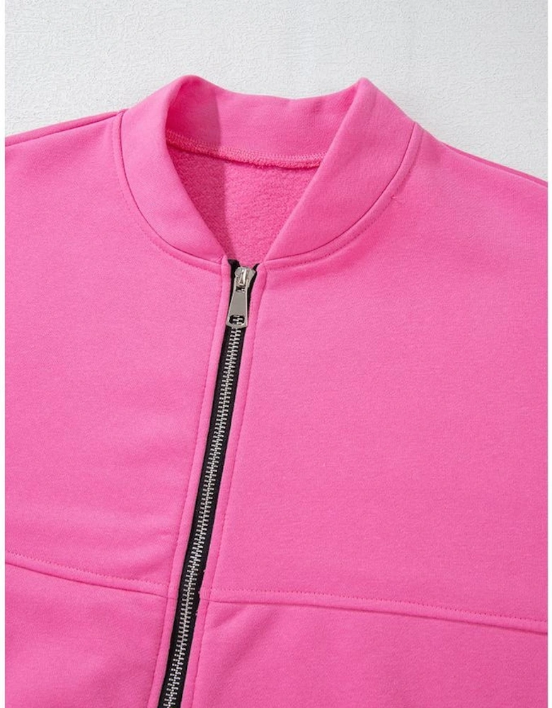 Bright Pink Solid Seamed Zipper Jacket and Drawstring Waist Pants Set