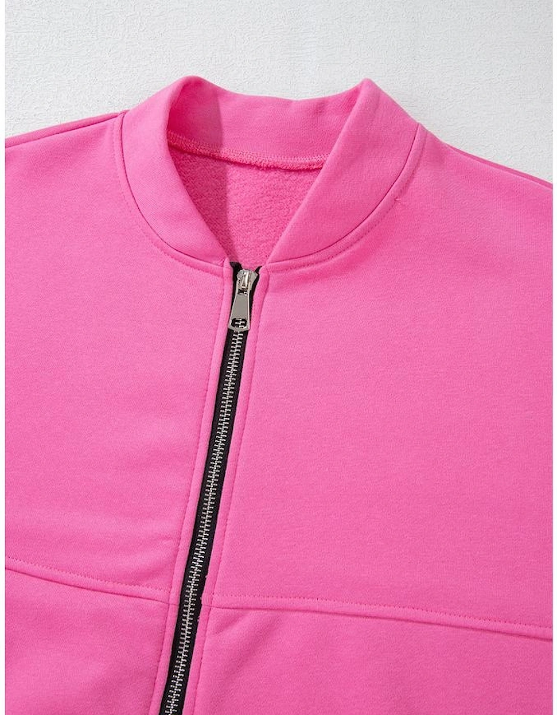 Bright Pink Solid Seamed Zipper Jacket and Drawstring Waist Pants Set