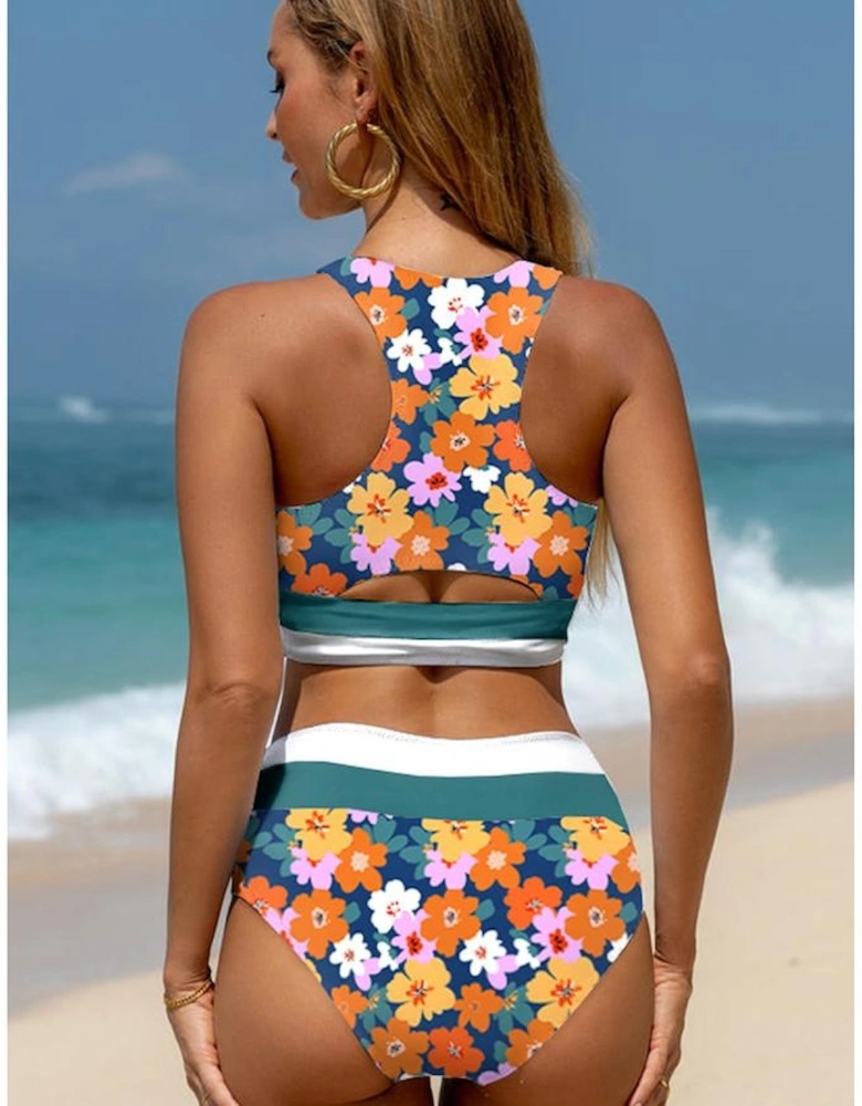 Green Floral Print Racerback Cutout High Waist 2pcs Bikini