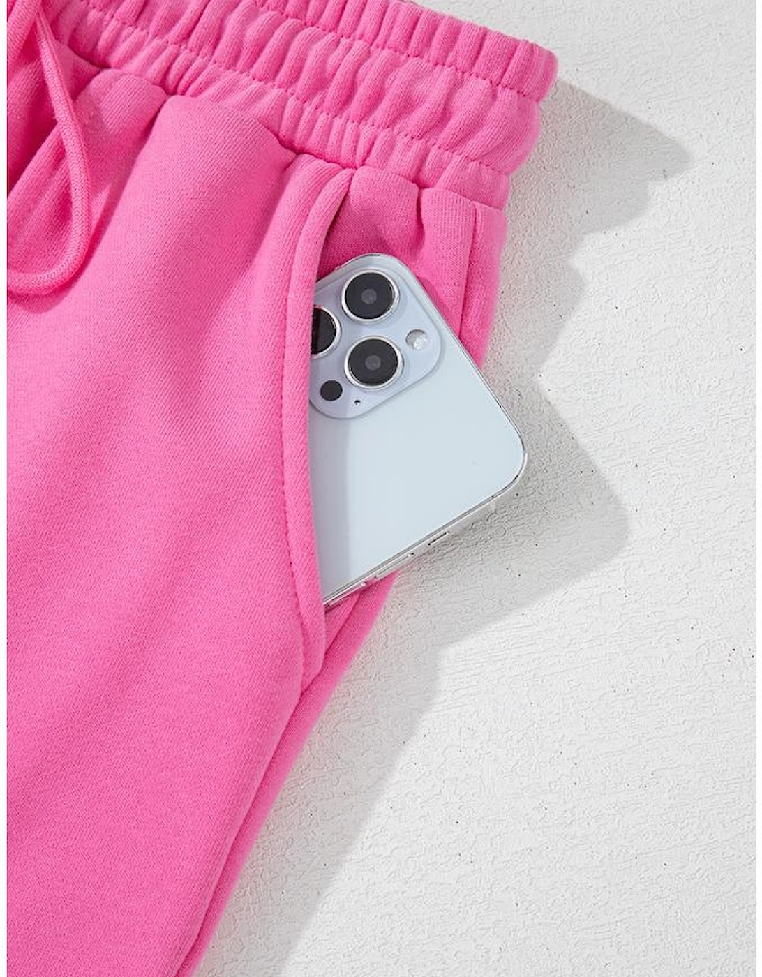 Bright Pink Solid Seamed Zipper Jacket and Drawstring Waist Pants Set