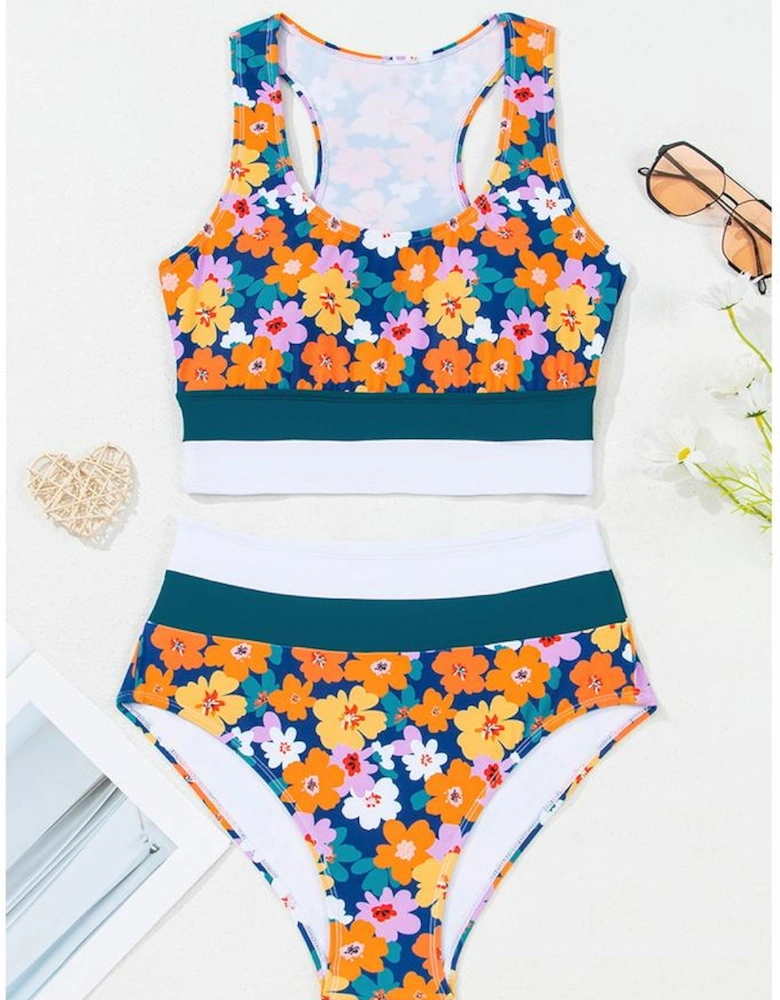 Green Floral Print Racerback Cutout High Waist 2pcs Bikini