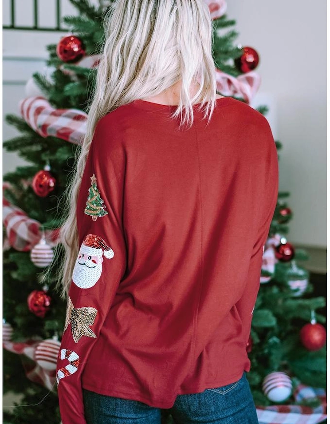 Red Sequined Christmas Favor Sleeve Casual Pullover, 8 of 7