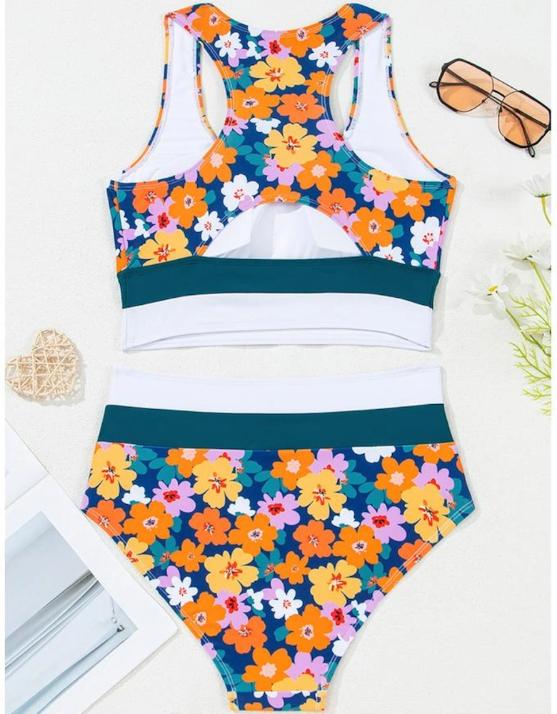 Green Floral Print Racerback Cutout High Waist 2pcs Bikini
