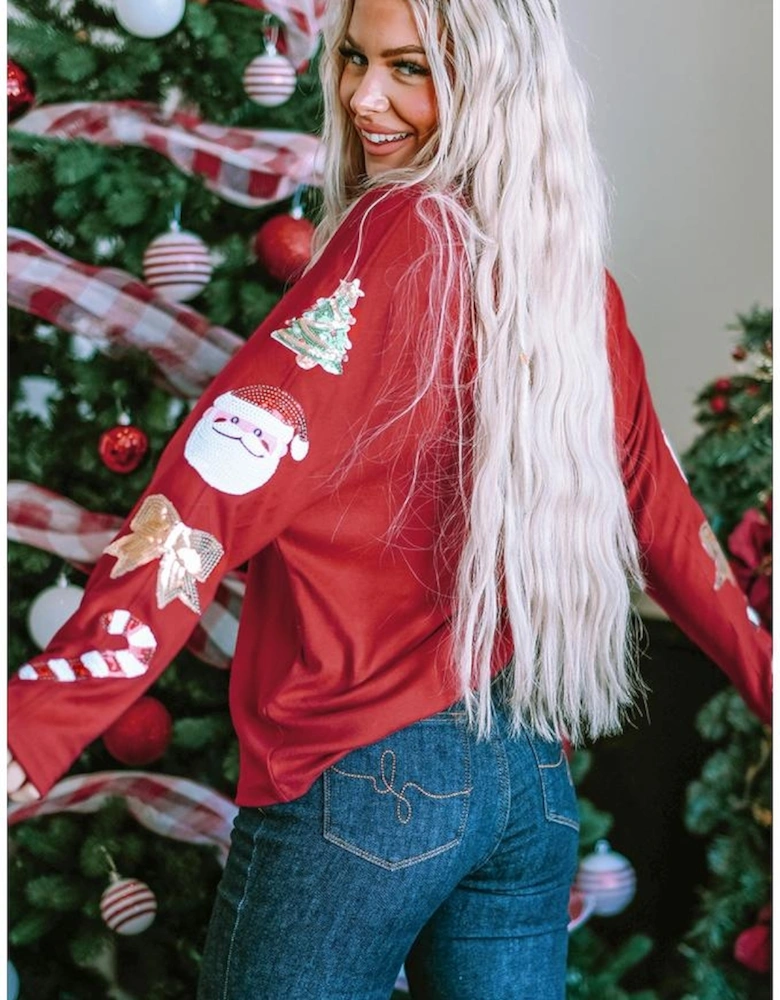 Red Sequined Christmas Favor Sleeve Casual Pullover