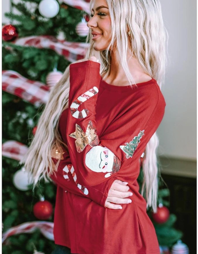 Red Sequined Christmas Favor Sleeve Casual Pullover