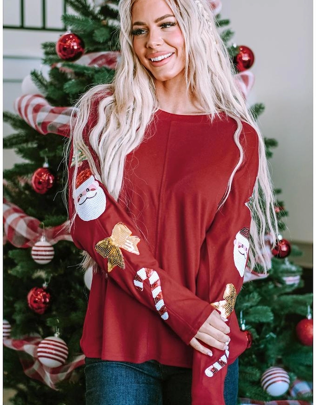 Red Sequined Christmas Favor Sleeve Casual Pullover