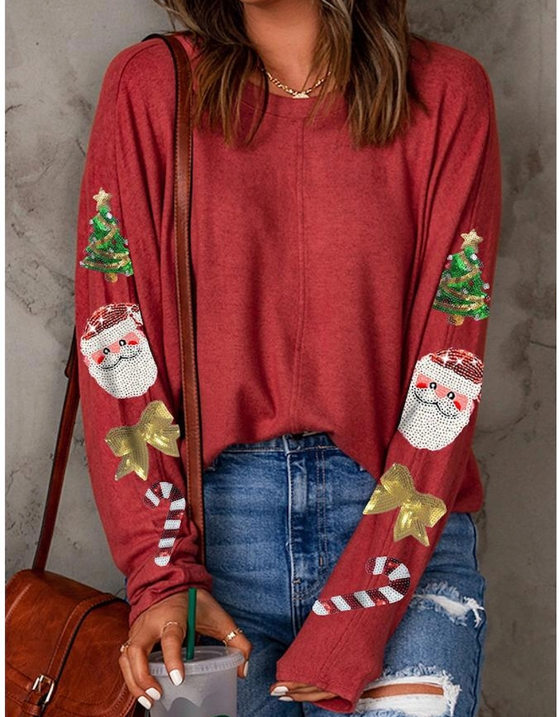 Red Sequined Christmas Favor Sleeve Casual Pullover