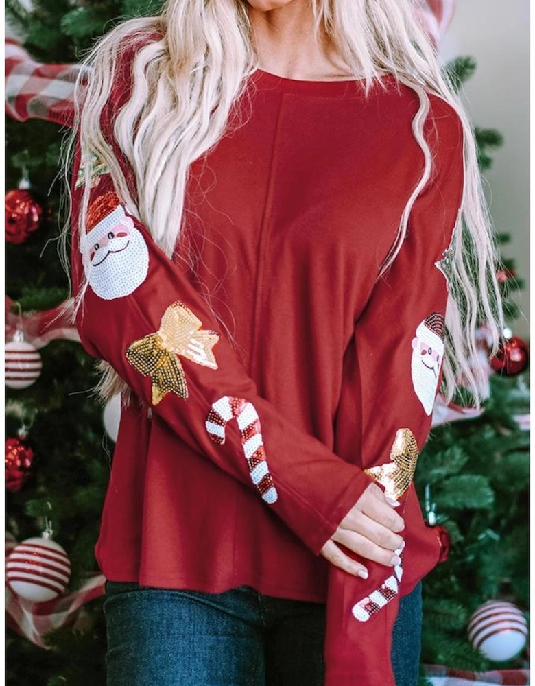 Red Sequined Christmas Favor Sleeve Casual Pullover