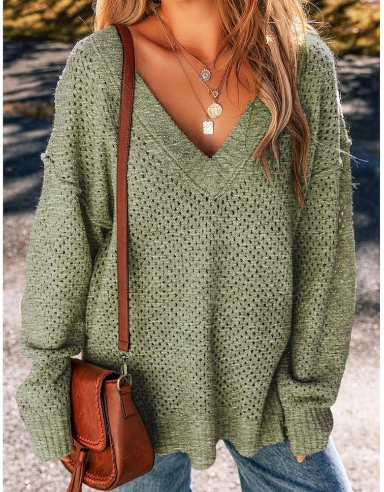 Jungle Green Loose Eyelet V Neck Drop Shoulder Sweater
