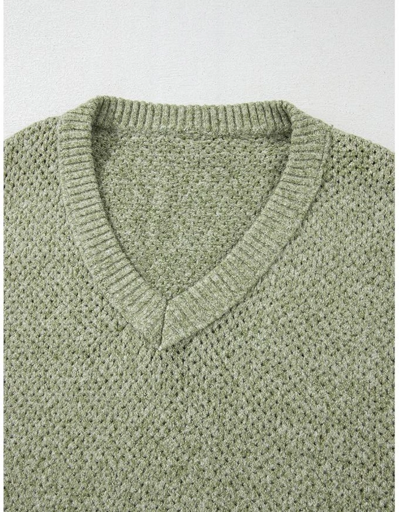 Jungle Green Loose Eyelet V Neck Drop Shoulder Sweater