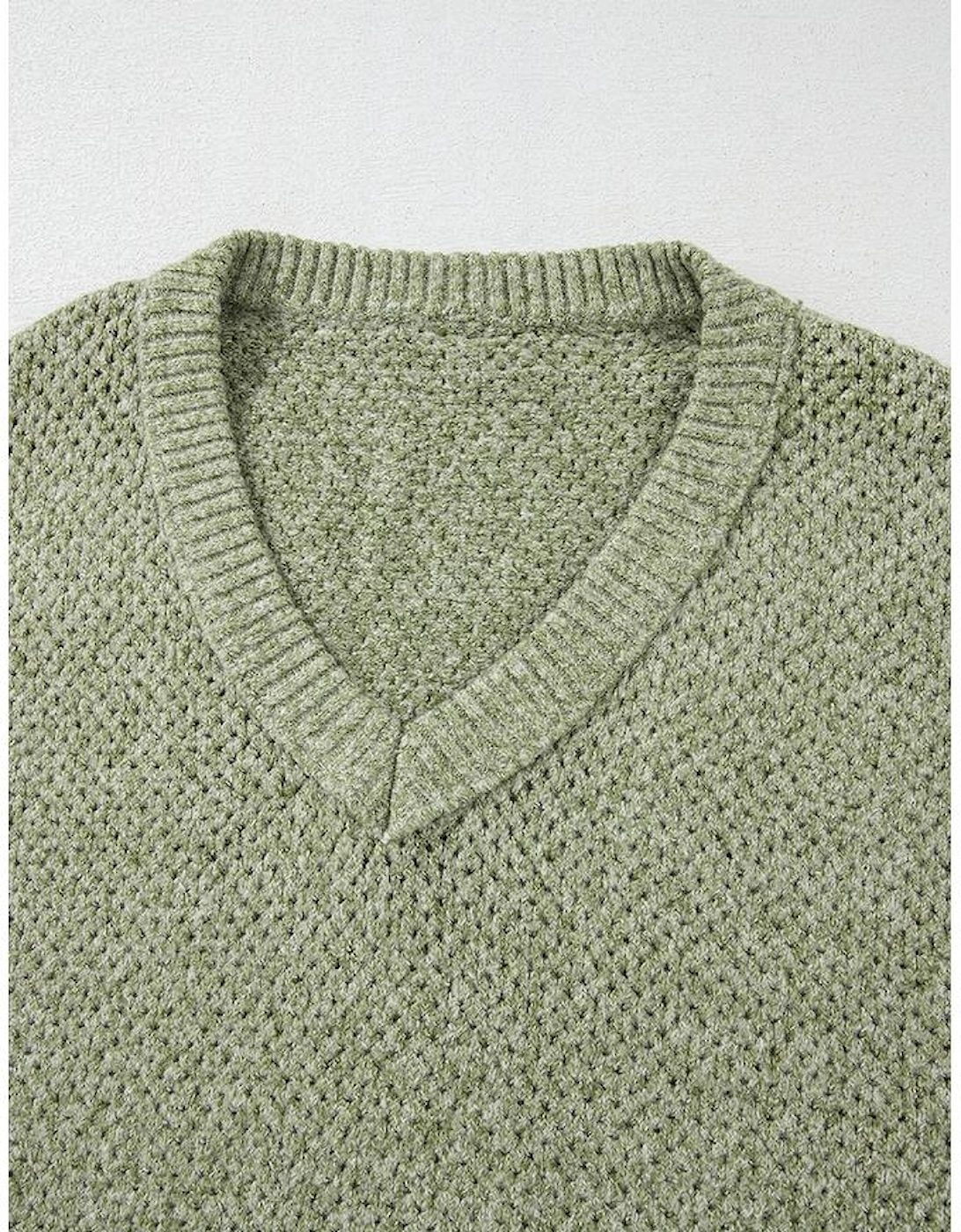 Jungle Green Loose Eyelet V Neck Drop Shoulder Sweater