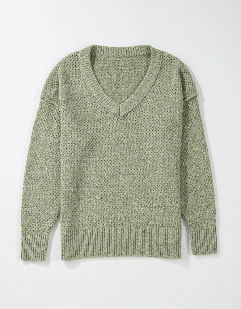 Jungle Green Loose Eyelet V Neck Drop Shoulder Sweater