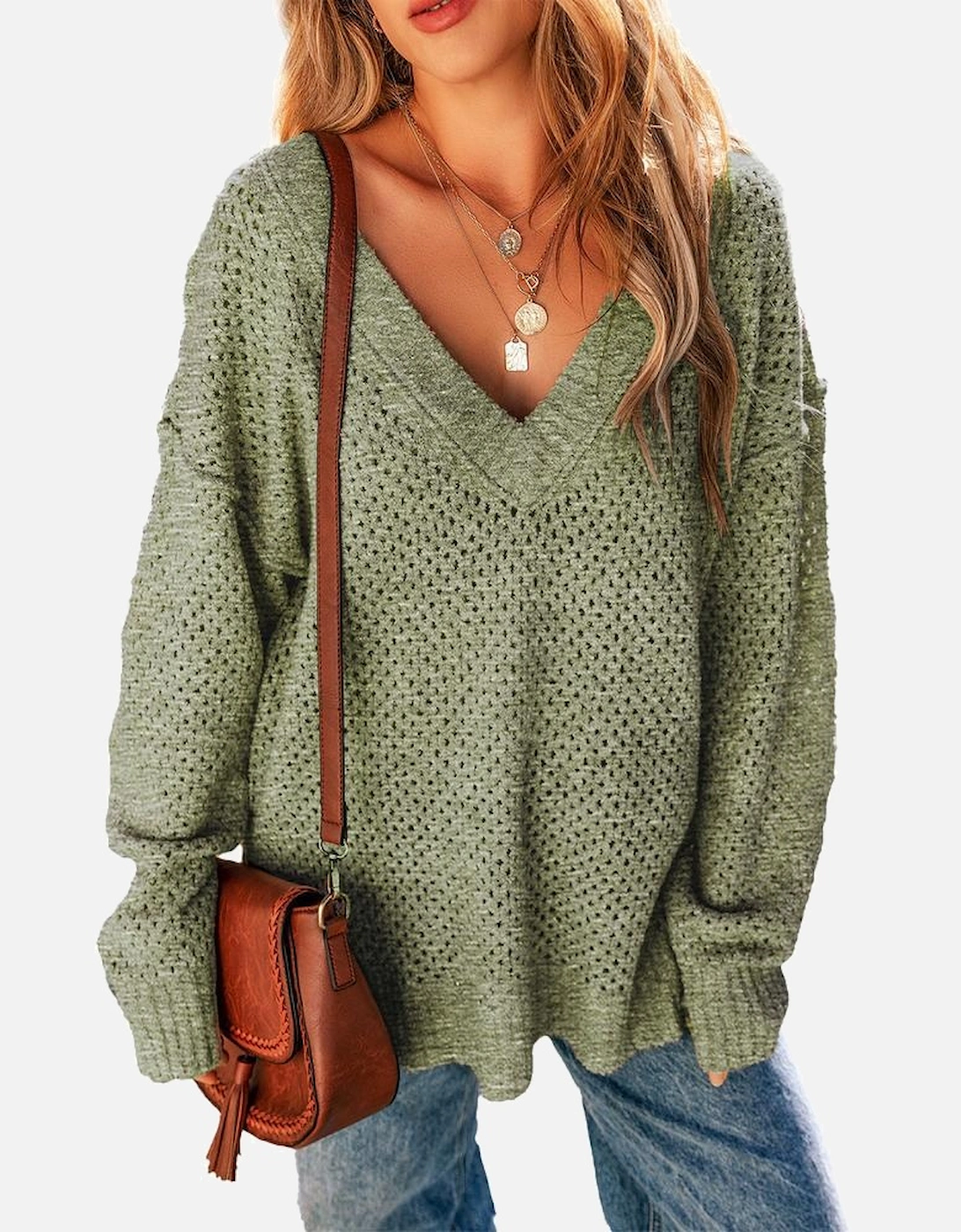 Jungle Green Loose Eyelet V Neck Drop Shoulder Sweater
