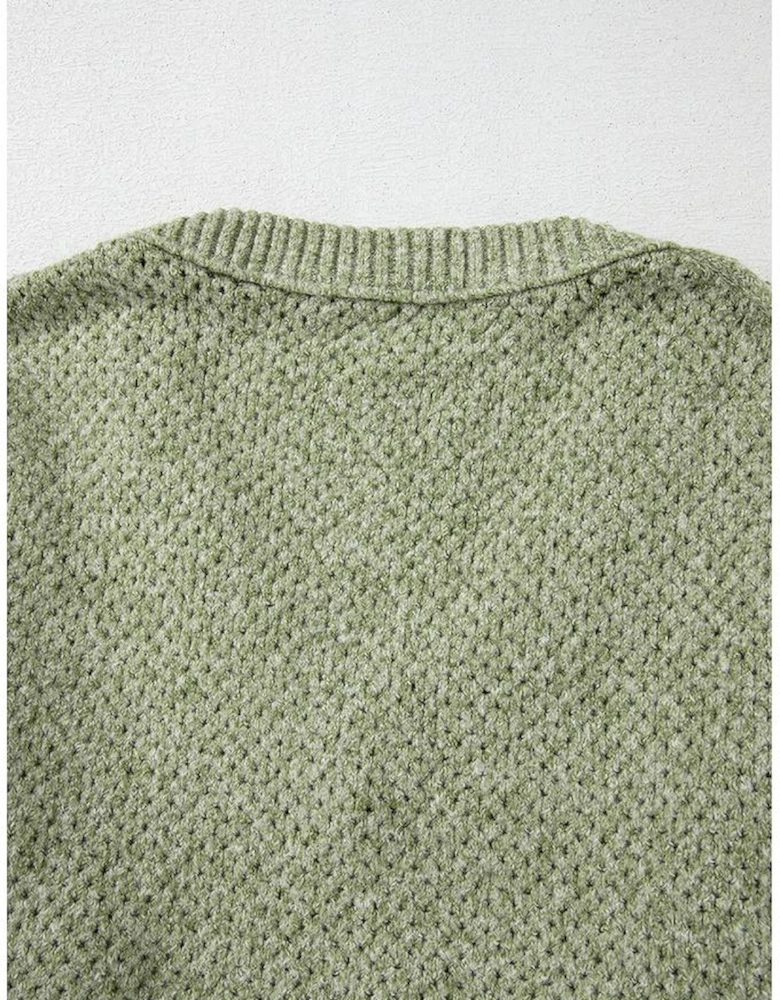 Jungle Green Loose Eyelet V Neck Drop Shoulder Sweater