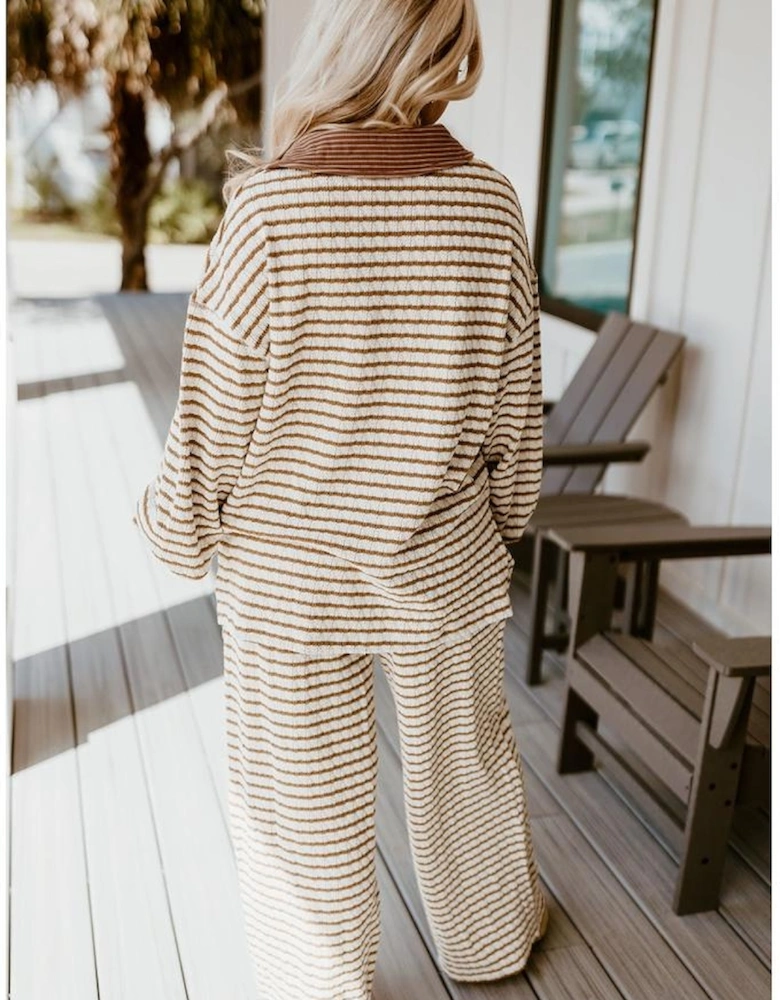 Khaki Stripe Collared Pullover Top and Drawstring Pant Set