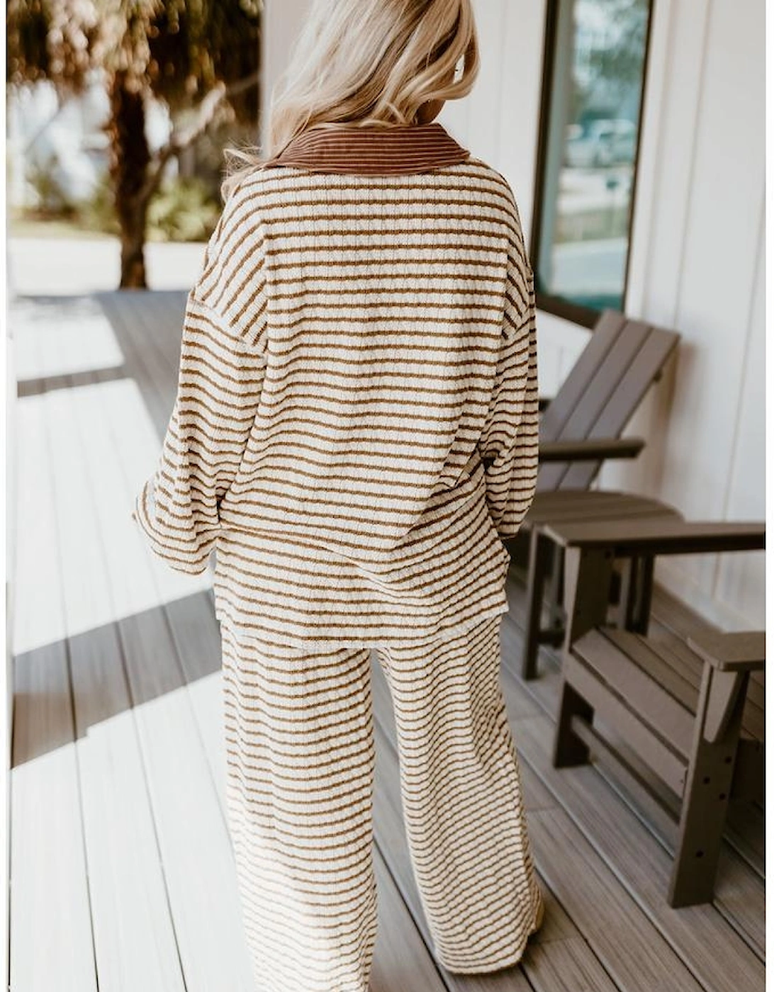 Khaki Stripe Collared Pullover Top and Drawstring Pant Set, 16 of 15