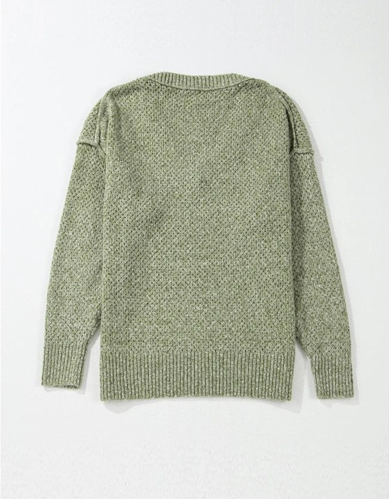 Jungle Green Loose Eyelet V Neck Drop Shoulder Sweater